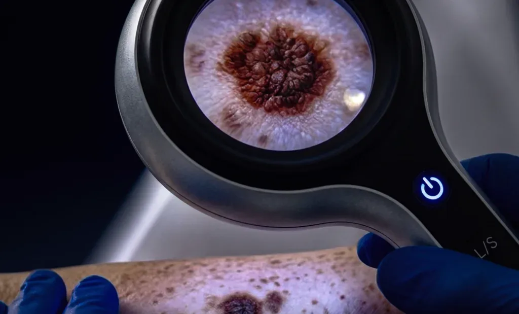 Dermatoscopio digital ampliando una lesión pigmentada sospechosa